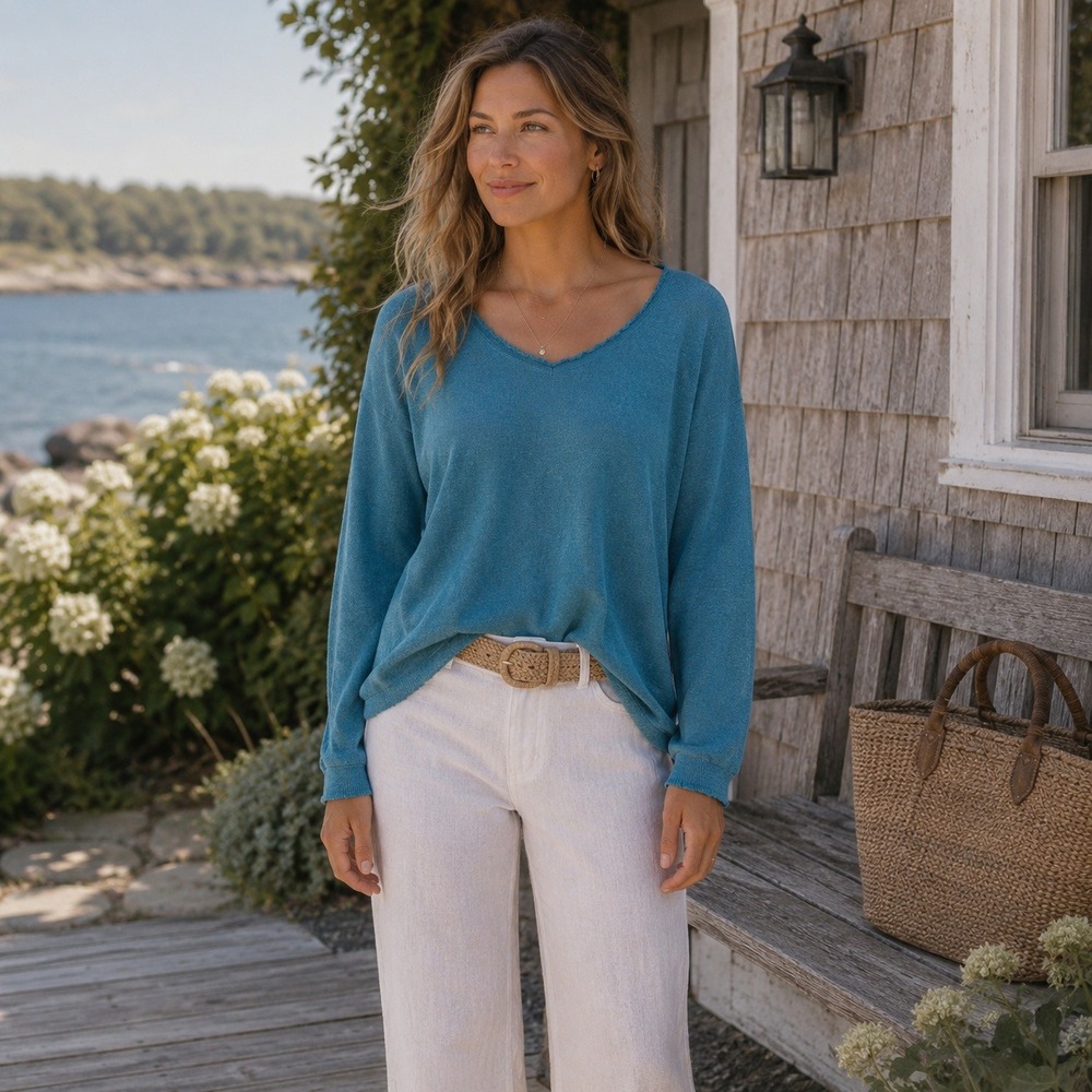 LANDS END Blue Cotton‎ Cashmere Sweater Size 1X Coastal Minimalist Relaxed Soft